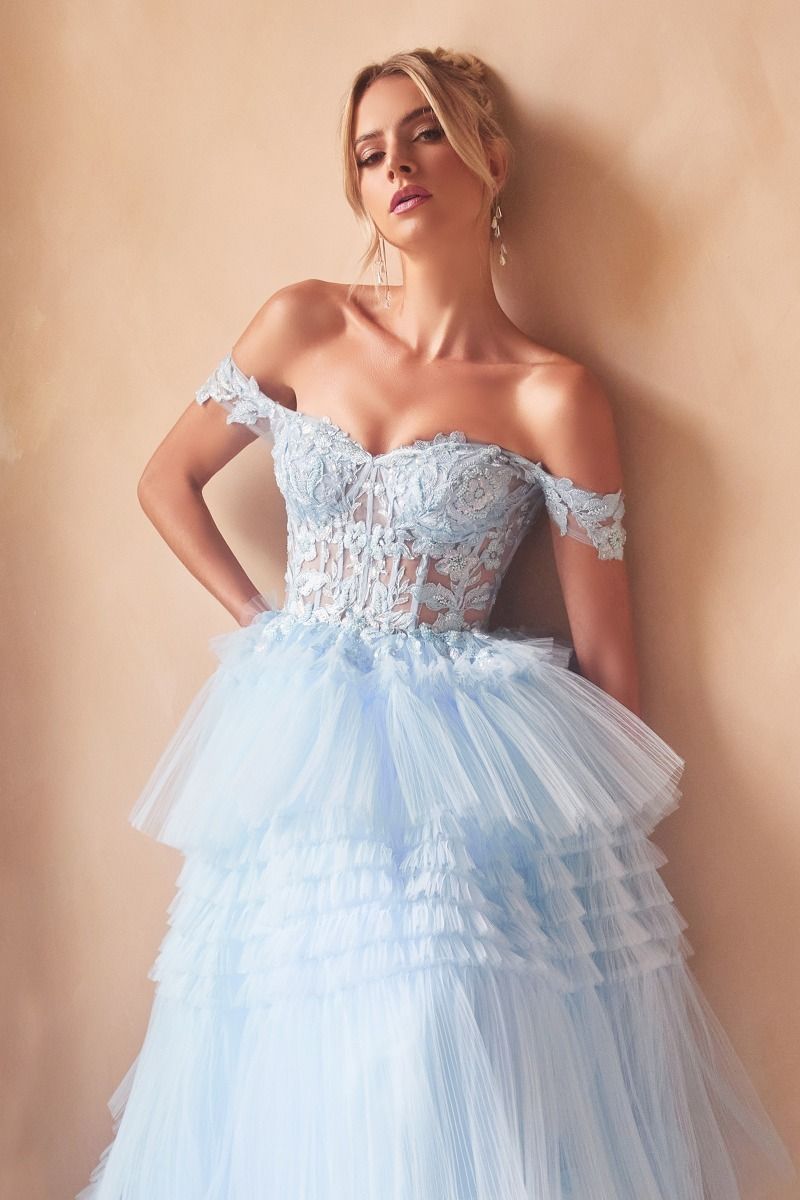 Ladivine 9315 Size 10 Light Blue Long Layered Tulle Ballgown Sheer Lace Corset Prom Dress off the shoulder Ladivine 9315 Size 10 Light Blue Long Layered Tulle Ballgown Sheer Lace Corset Prom Dress off the shoulder