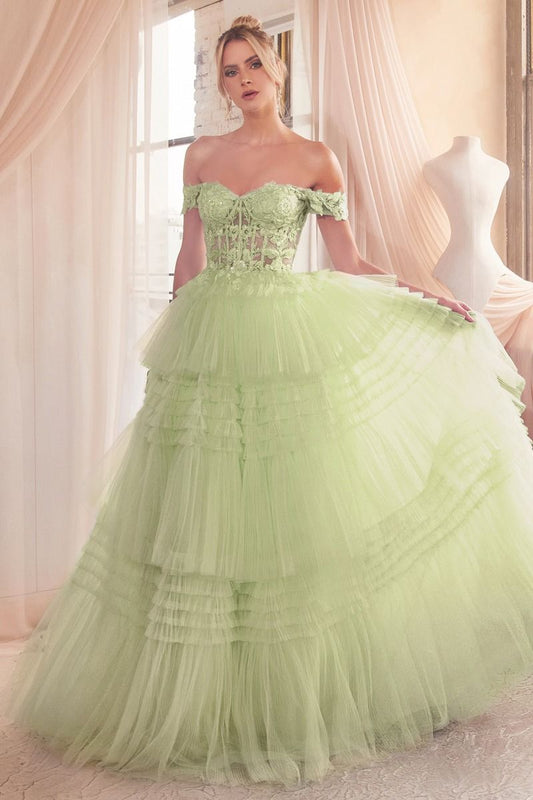 Indulge in the opulence of Ladivine's 9315 Long Layered Tulle Ballgown. The stunning sheer lace corset and off-the-shoulder design exude elegance, while the layered tulle adds volume and movement. Perfect for prom or any formal event, this dress will make you feel like a princess. Let your fairytale dreams come true with this exquisite layered pleated tulle ball gown!