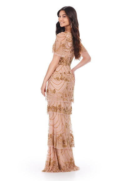 Ashley Lauren 11235 Beaded Evening Gown Long Dress Tiered Sequin Butterfly Sleeve