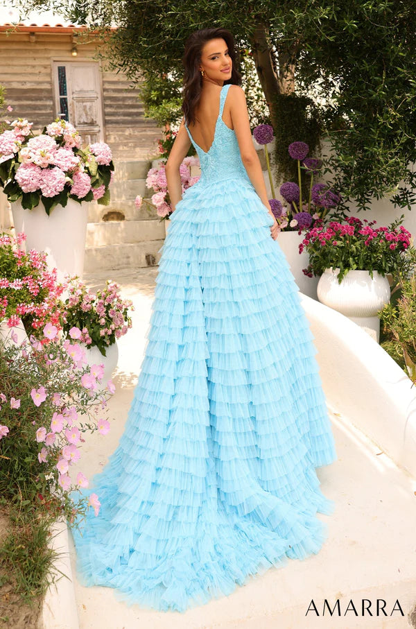 Amarra 94026 Romance and charm are embellished in this elegantly beautiful dress that is guaranteed to make your prom night feel like a fairy tale. Made with beguiling layered tulle material that cascades in breathtaking gathers, the dress exudes glamor. The bodice is adorned with rhinestone detail, an off the shoulder neckline, a sexy low-cut back and detachable bardot sleeves that add to the gorgeous appeal.
