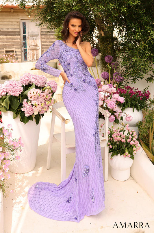 Amarra 94027 With this magnificent sequin one-shoulder long-sleeved prom gown, you will have the best night of your life at prom. Decorated with delicate flower-like patterns and intricate mesh designs, the body of the dress is fit and body hugging, opening up at the end into a beautiful flare that flows elegantly to the floor. 
