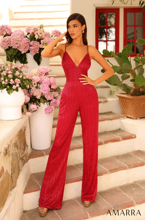 <span>Amarra 94042 Be the sexiest person in the room at your special night with our red sequin prom jumpsuit. Made with glistening sequins that run along the attire, the jumpsuit has an enchanting sweetheart neckline that draws attention to itself and thin, dainty spaghetti straps that transition seamlessly to the bareback to create a gorgeous design. The waistline of the jumpsuit is embellished and outstanding, and so is the flare of the pants.</span><br>