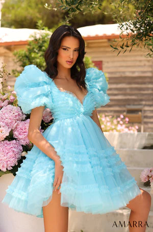 Amarra 94043 Take a look at this enchanting short tulle prom dress from our store. Made purely out of tulle, the dress has a charming sweetheart neckline highlighted by the gorgeous tulle puff sleeves to create an image that is both cute and flirty. There is a distinct delicate pattern that accentuates parts of the dress like the hem and the puff sleeves, making the dress even more captivating.