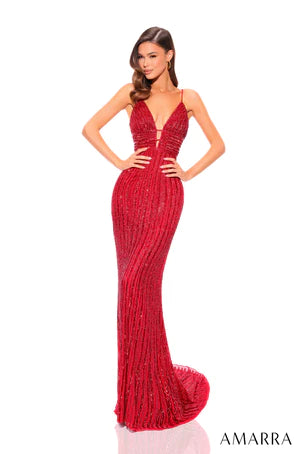 <span>Amarra 94046 Look dazzling in our sequin prom dress designed with beaded crystals through the long length of the attire. The dress has an inviting sweetheart neckline that is eye-catching and is accentuated with thin, dainty and delicate spaghetti straps that transition seamlessly to create a design on the bareback of the dress. The waistline is elegantly embellished, adding a glamorous effect.</span><br>