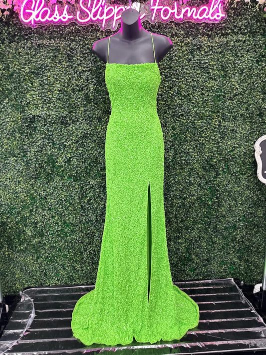 Amarra 94282 Size 00 Neon Green Long Fitted Sequin Backless Corset Slit Prom Dress Scoop Neck Formal Pageant Gown