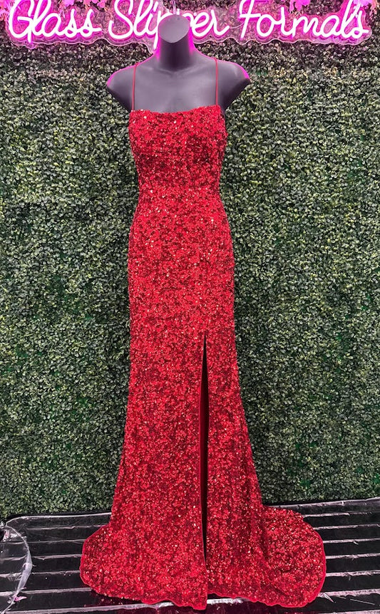 Amarra 94282 Size 0 Red Long Fitted Sequin Backless Corset Slit Prom Dress Scoop Neck Formal Pageant Gown