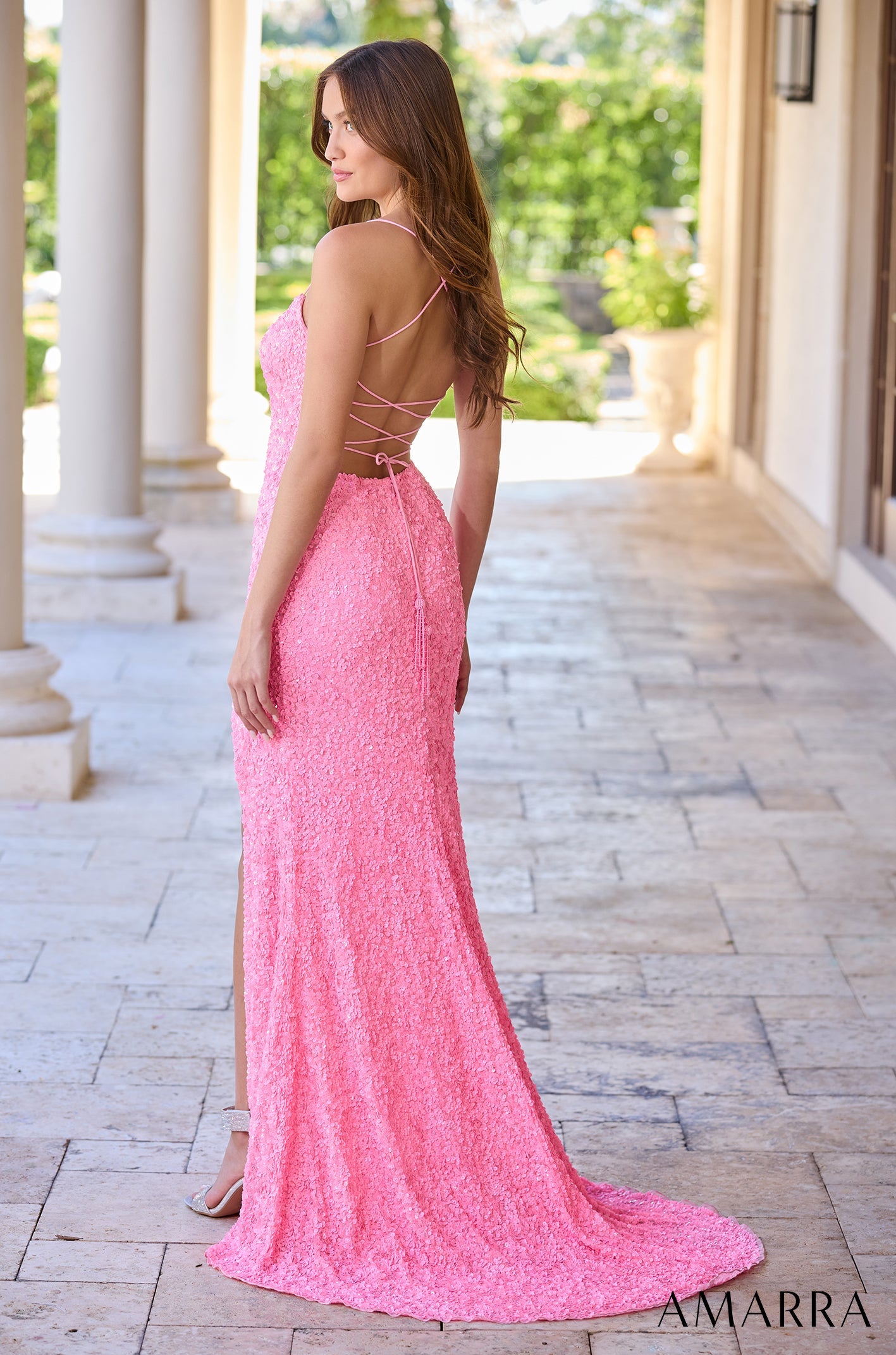 Amarra 94282 Long Fitted Sequin Backless Corset Slit Prom Dress Scoop Neck Formal Pageant Gown