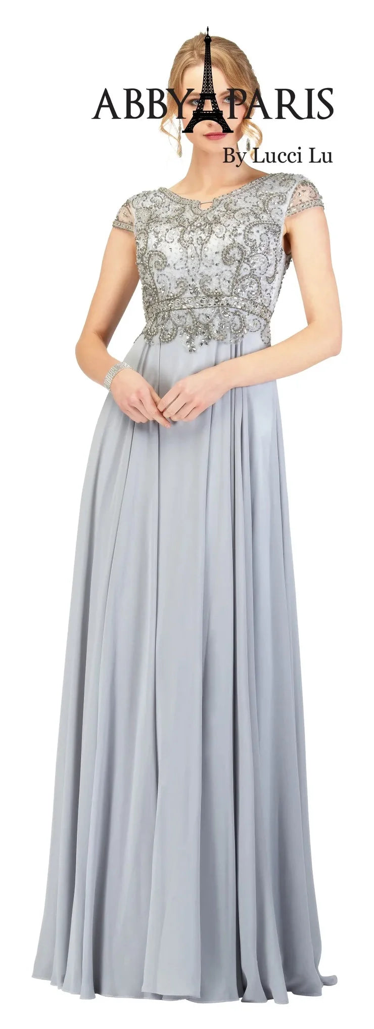 Look sophisticated and elegant at your next formal event with the Abby Paris 95091 A-Line Gown. Crafted from beautiful chiffon fabric, this knee-length dress features an embellished bodice and short sleeves for a polished look. Enjoy superior comfort and a flattering fit at your MOB or formal event.