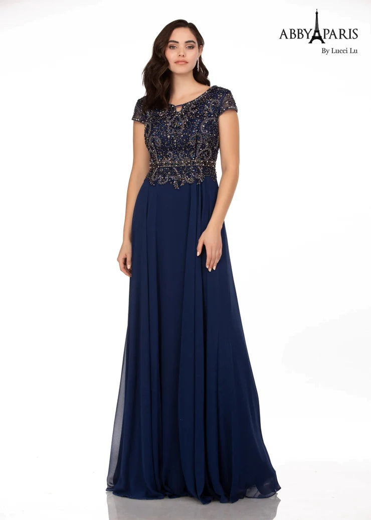 Look sophisticated and elegant at your next formal event with the Abby Paris 95091 A-Line Gown. Crafted from beautiful chiffon fabric, this knee-length dress features an embellished bodice and short sleeves for a polished look. Enjoy superior comfort and a flattering fit at your MOB or formal event.