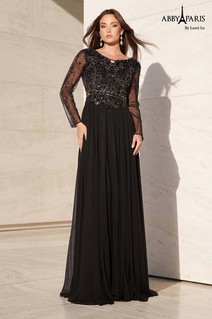 Abby Paris 96040W Sheer Long Sleeve Chiffon A-Line Embellished Bodice Plus Size MOB Formal Gown