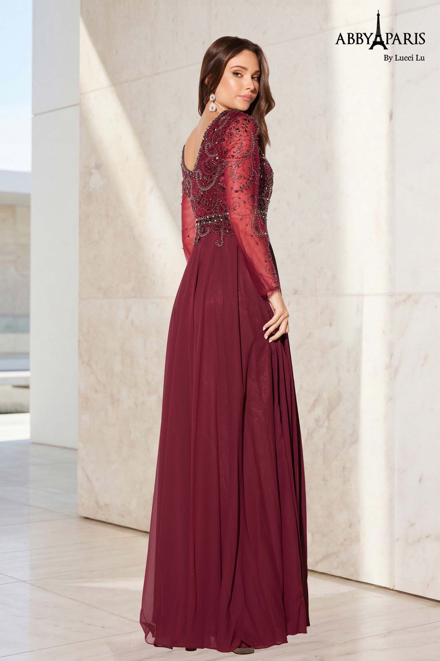 Abby Paris 96040W Sheer Long Sleeve Chiffon A-Line Embellished Bodice Plus Size MOB Formal Gown