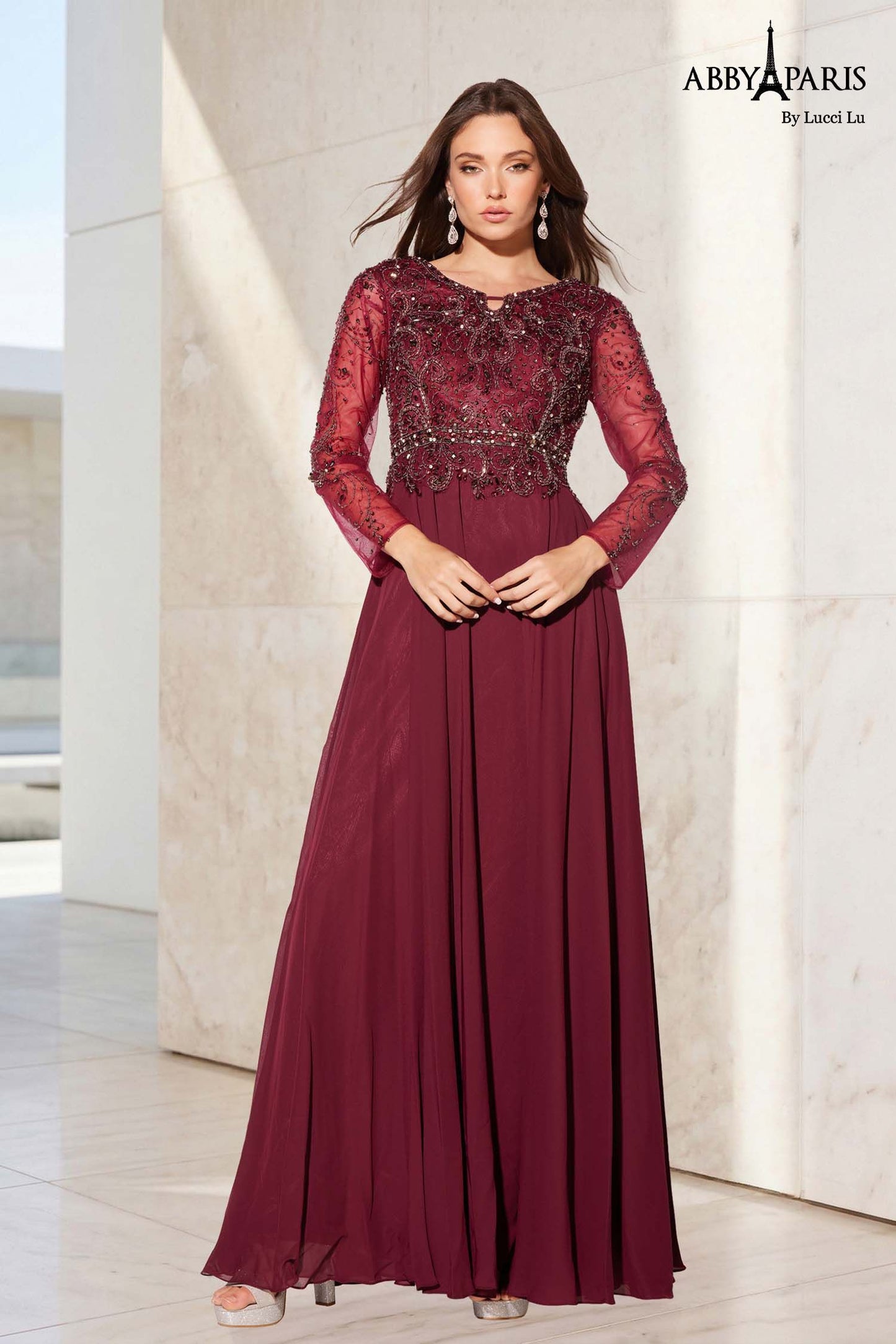 Abby Paris 96040W Sheer Long Sleeve Chiffon A-Line Embellished Bodice Plus Size MOB Formal Gown