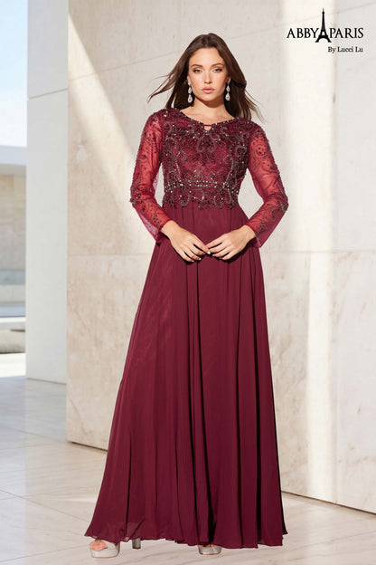 Abby Paris 96040W Sheer Long Sleeve Chiffon A-Line Embellished Bodice Plus Size MOB Formal Gown