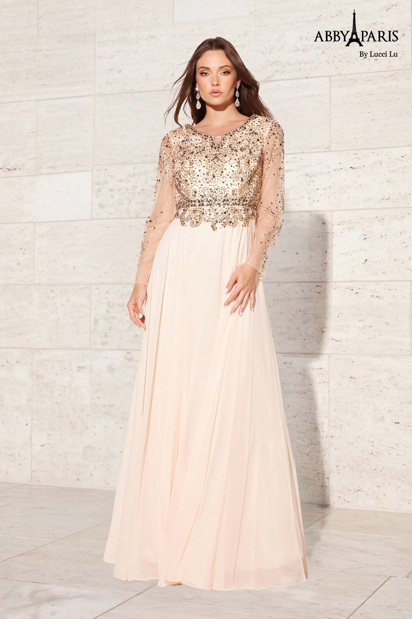 Abby Paris 96040W Sheer Long Sleeve Chiffon A-Line Embellished Bodice Plus Size MOB Formal Gown