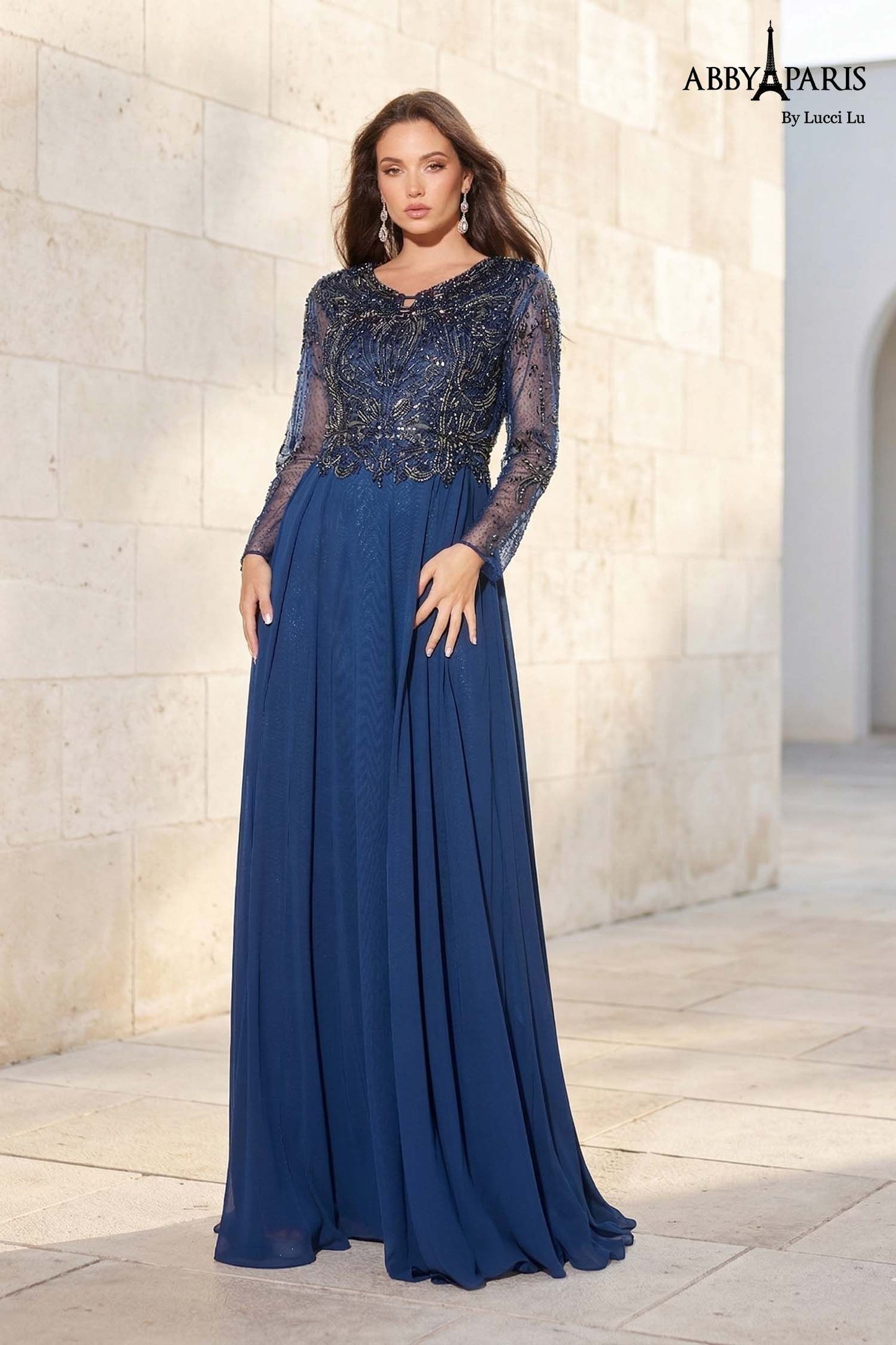 Abby Paris 96040W Sheer Long Sleeve Chiffon A-Line Embellished Bodice Plus Size MOB Formal Gown