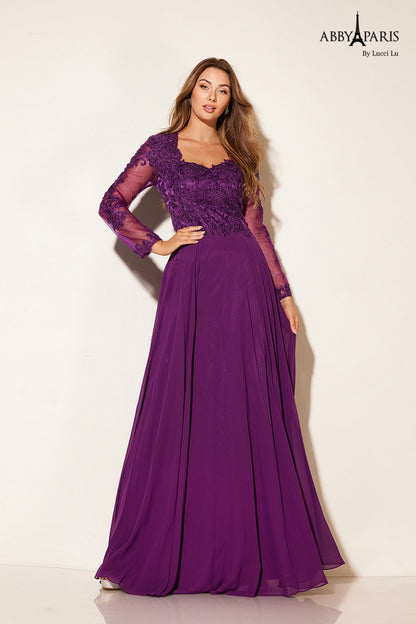 The Abby Paris 96044W Lace Long Sleeve A Line Mother Of Dress is a stunning formal evening gown designed specifically for plus size figures. The elegant lace detailing adds a touch of sophistication, while the long sleeves provide coverage without sacrificing style. Look and feel confident at your next special occasion with this beautifully crafted dress.

Sizes: 4W-26W (Sizes are Wide)

Colors: Champagne, Grape, Navy