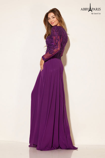 The Abby Paris 96044W Lace Long Sleeve A Line Mother Of Dress is a stunning formal evening gown designed specifically for plus size figures. The elegant lace detailing adds a touch of sophistication, while the long sleeves provide coverage without sacrificing style. Look and feel confident at your next special occasion with this beautifully crafted dress.

Sizes: 4W-26W (Sizes are Wide)

Colors: Champagne, Grape, Navy