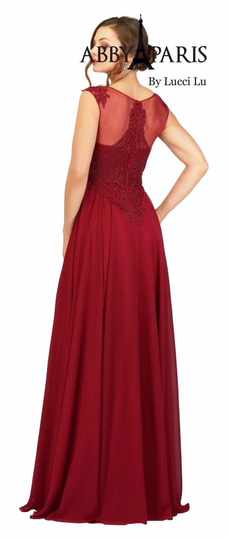 Abby Paris 96051W A-Line Chiffon Crew Neck Short Sleeve Embellished Bodice MOB Formal Gown. The Abby Paris 96051W A-Line Gown features a beautiful chiffon fabrication with a crew neck short sleeve top and an embellished bodice for an elegant look. Perfect for any formal occasion, this gown will make a statement and leave you feeling gorgeous.