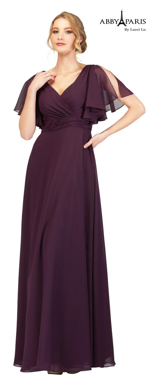 Make a statement in Abby Paris 96059 A-Line Sheer Chiffon V-Neck Drape Sleeves Plus Size MOB Formal Gown. This sophisticated gown features a chiffon overlay with sheer draped sleeves and a v-neck silhouette. Perfect for formal occasions, this timeless design gives a unique look.