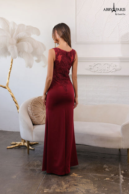 Abby Paris 96061W Lace Bodice Stretch Crepe A-Line High Neck Plus Size MOB Formal Gown