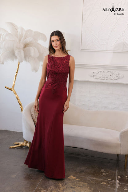 Abby Paris 96061W Lace Bodice Stretch Crepe A-Line High Neck Plus Size MOB Formal Gown