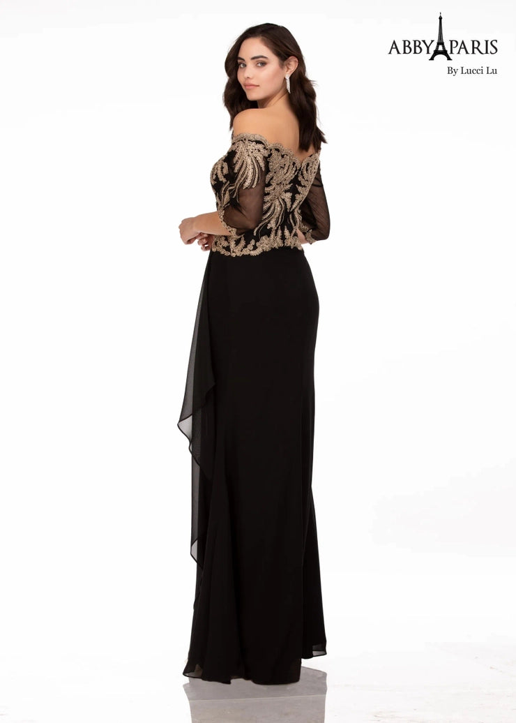 Abby Paris 96065 Off The Shoulder A-Line Embellished Bodice Sheer Quarter Sleeve MOB Formal Gown. The Abby Paris 96065 Off The Shoulder A-Line Gown is a classic formal look for any event. With its embellished bodice and sheer quarter sleeves, this gown provides an exquisite silhouette to show off your best features. The off-the-shoulder neckline and lightweight fabric ensure all-day comfort and perfect fit.