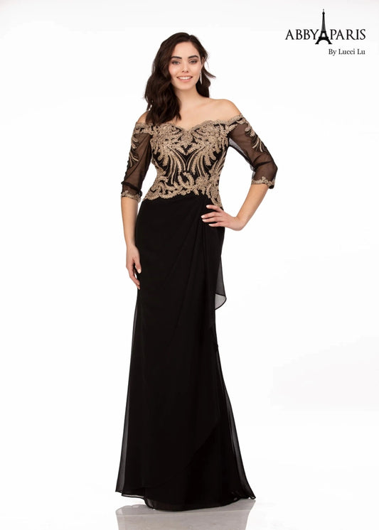 Abby Paris 96065 Off The Shoulder A-Line Embellished Bodice Sheer Quarter Sleeve MOB Formal Gown. The Abby Paris 96065 Off The Shoulder A-Line Gown is a classic formal look for any event. With its embellished bodice and sheer quarter sleeves, this gown provides an exquisite silhouette to show off your best features. The off-the-shoulder neckline and lightweight fabric ensure all-day comfort and perfect fit.
