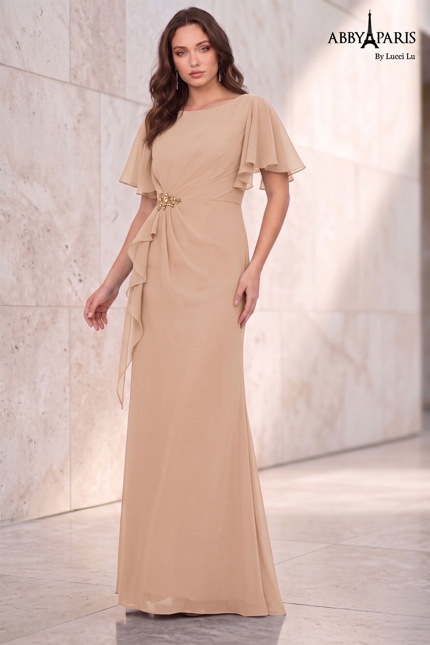 Abby Paris 96066 A-Line Drape Sleeve Sheer Crystal Detail MOB Formal Gown