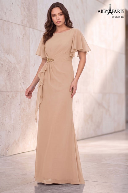 Abby Paris 96066 A-Line Drape Sleeve Sheer Crystal Detail MOB Formal Gown