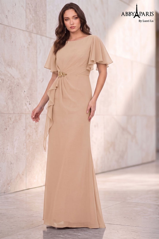 Abby Paris 96066 A-Line Drape Sleeve Sheer Crystal Detail MOB Formal Gown