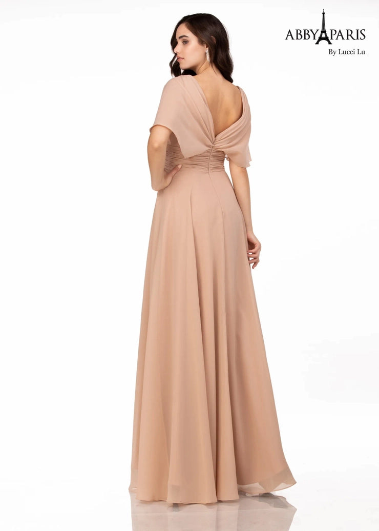 This formal evening gown by Abby Paris is guaranteed to make you feel like a queen. The 96068 A-Line silhouette is made from a sheer fabric, featuring draped sleeves and a flattering V-neckline. Feel elegant and confident at your special event with this show stopping dress.