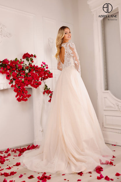 Abby Lane 97136 Size 12 Ivory A Line Wedding Dress Sheer Long Sleeve Lave Bridal Gown backless Shimmer Tulle Abby Lane 97136 Size 12 Ivory A Line Wedding Dress Sheer Long Sleeve Lave Bridal Gown backless Shimmer Tulle