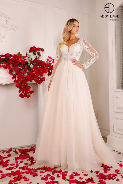 navy blue dress for baby girl BABARONI Tulle Lace Ivory/Champagne Wedding Dresses A-line Off Shoulder  Short Sleeve With Slit Sweep Train main image 0