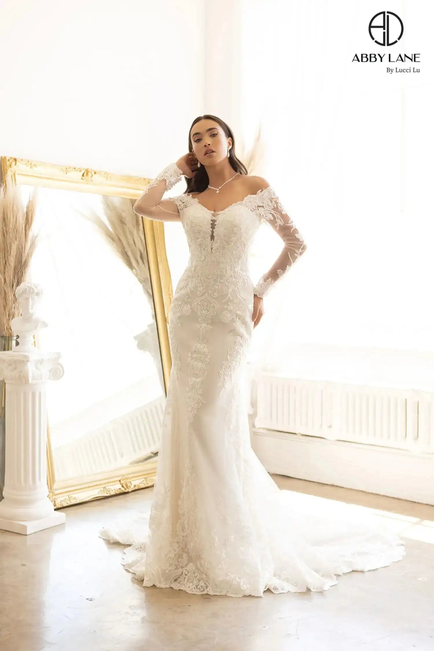 Abby Lane 97181 Sheer Lace Sleeves Wedding Dress Fitted V