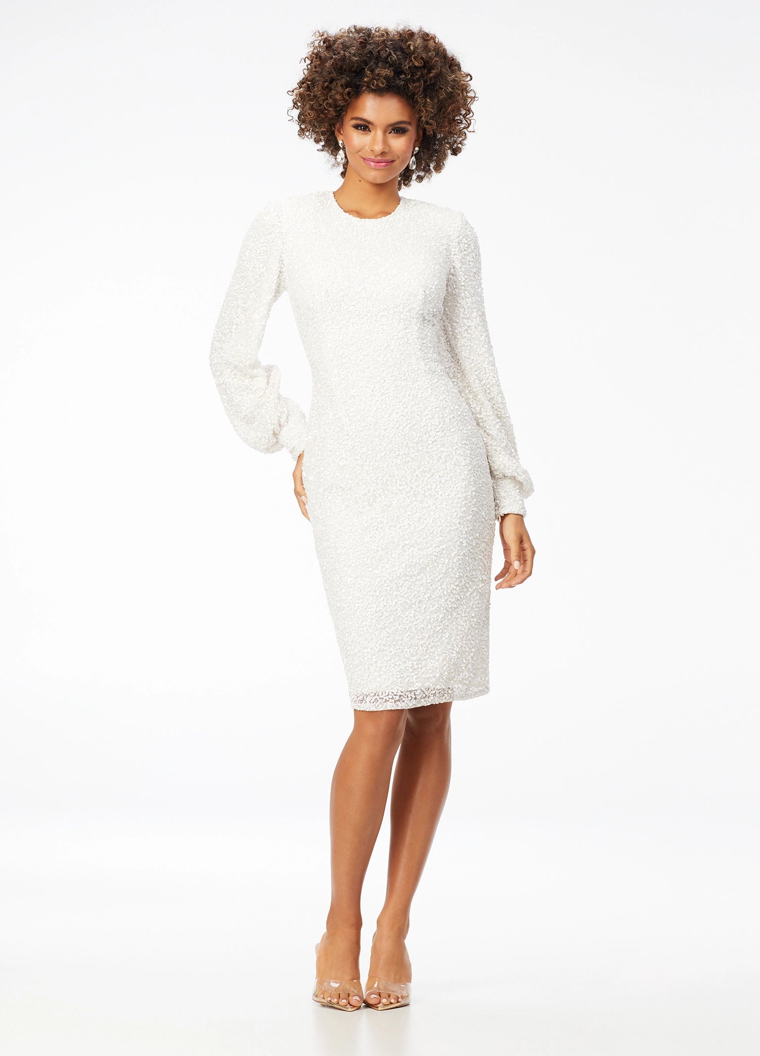knee length dresses for ladies Interstella Sequin Long Sleeve Mini Dress White main image 0
