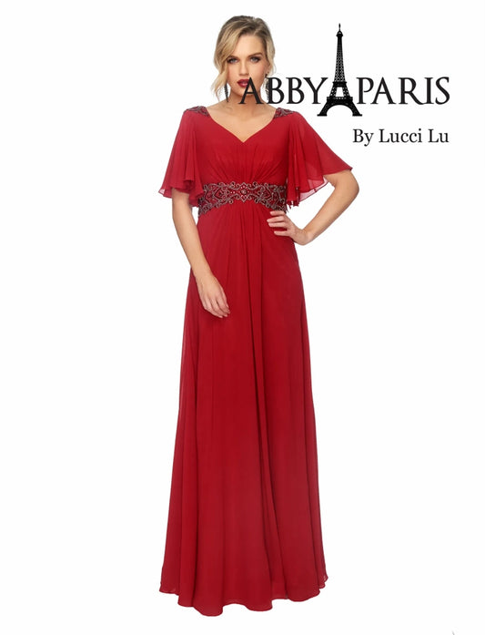 Abby Paris 986002W A-Line Pleated Crystal Detail Drape Sleeves V-Neck Plus Size MOB Gown. The Abby Paris 986002W Plus Size MOB Gown offers timeless elegance. With its a-line silhouette, crystal detailing, v-neckline and pleated chiffon drape sleeves, this gown is perfect for special occasions. The high-quality construction includes a hidden back zipper and satin lining for added comfort.