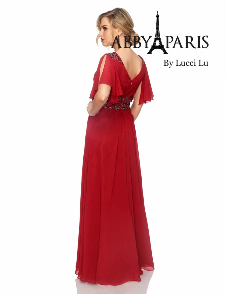 Abby Paris 986002W A-Line Pleated Crystal Detail Drape Sleeves V-Neck Plus Size MOB Gown. The Abby Paris 986002W Plus Size MOB Gown offers timeless elegance. With its a-line silhouette, crystal detailing, v-neckline and pleated chiffon drape sleeves, this gown is perfect for special occasions. The high-quality construction includes a hidden back zipper and satin lining for added comfort.