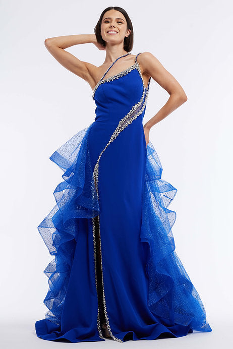 Expertly crafted for a stunning silhouette, our Vienna Prom 99001 Long Prom Dress will make you shine at any formal event. The asymmetrical neckline and beaded detailing add a touch of elegance, while the layered ruffle and high slit offer a modern twist. Perfect for prom or pageants.