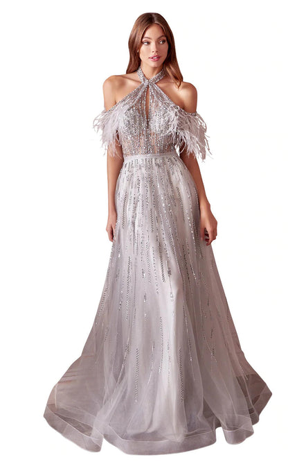 Andrea & Leo Couture A1023 ANASTASIA Evening Gown Size 8 Silver A Line Sheer Feather Beaded off Shoulder
