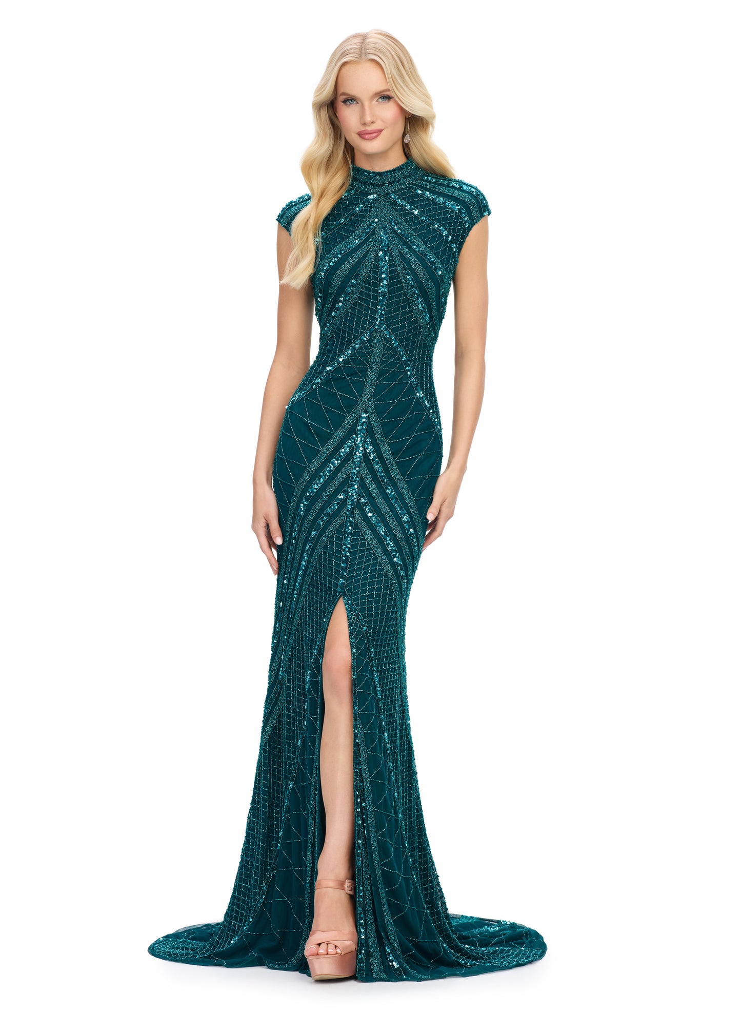 ASHLEYlauren 1624 Dark Teal Cap Sleeve Beaded Evening Gown