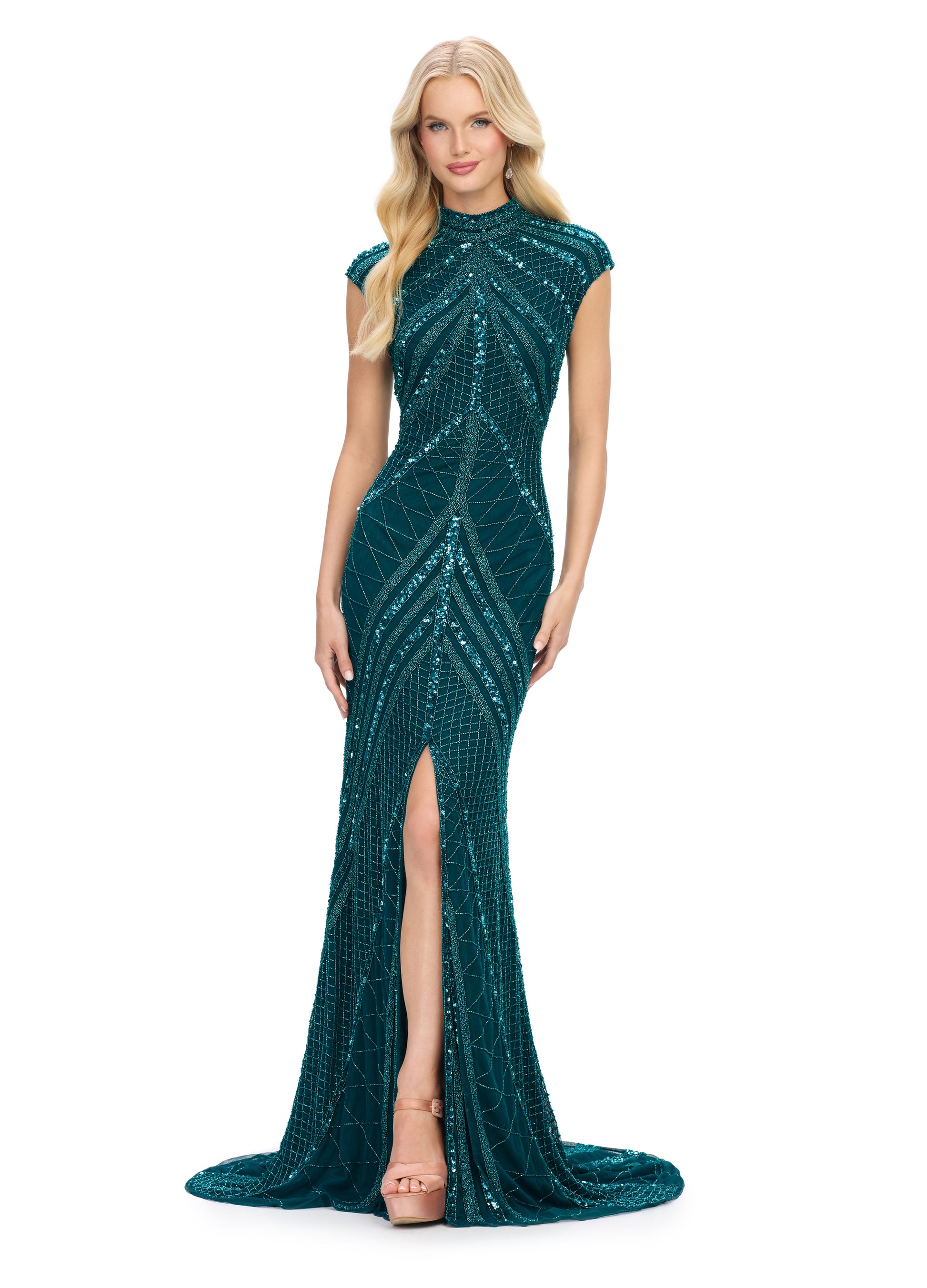 ASHLEYlauren 1624 Dark Teal Cap Sleeve Beaded Evening Gown