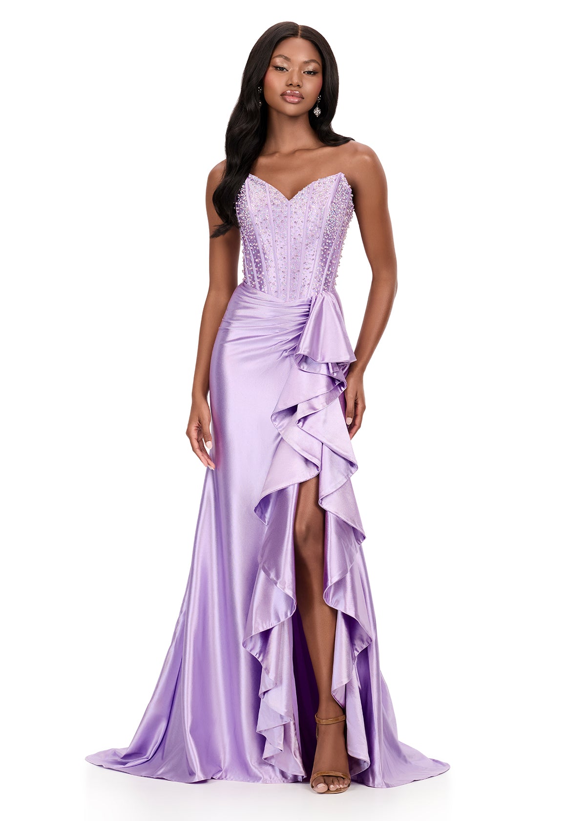 ASHLEYlauren 12240 Lilac Corset Ruffle Prom Dress Formal Gown