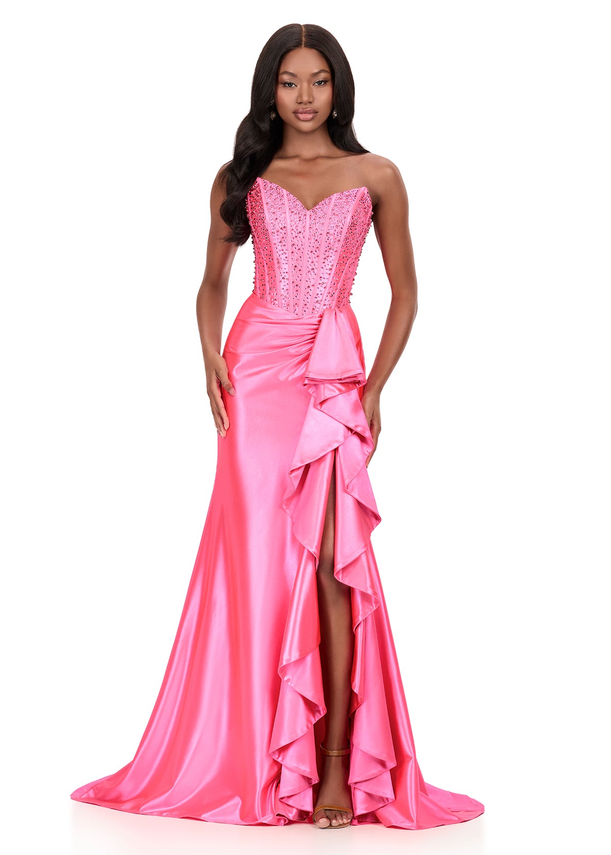 ASHLEYlauren 12240 Pink Corset Ruffle Prom Dress Formal Gown