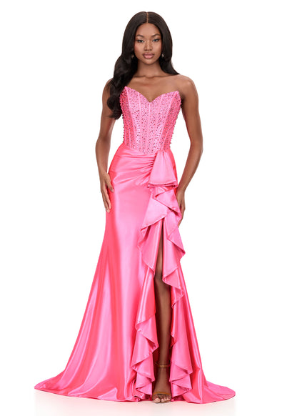 ASHLEYlauren 12240 Pink Corset Ruffle Prom Dress Formal Gown