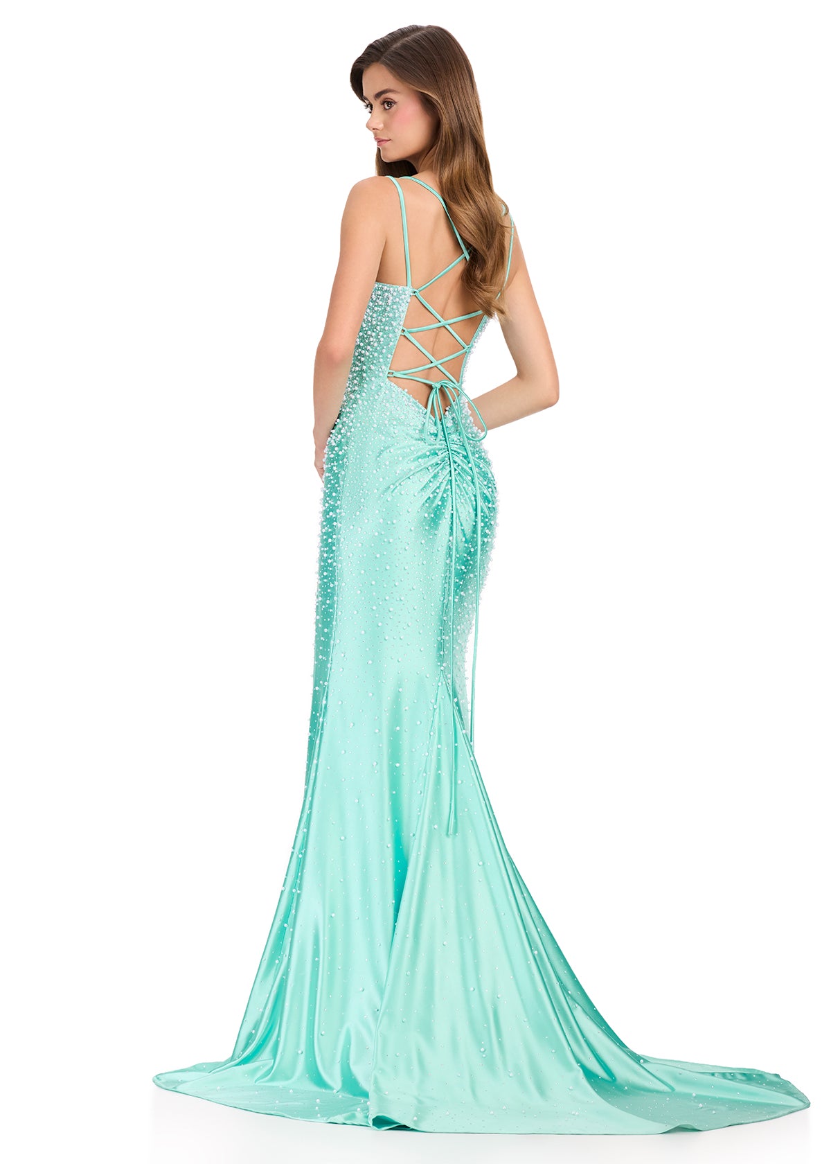 ASHLEYlauren 12357 Aqua Pearl Prom Dress Corset Back