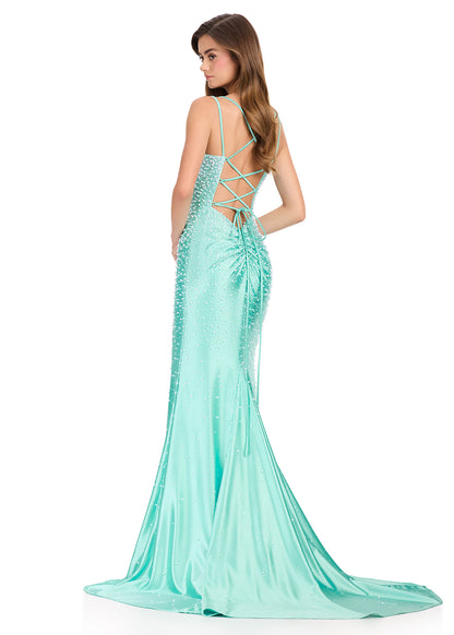 ASHLEYlauren 12357 Aqua Pearl Prom Dress Corset Back