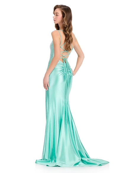 ASHLEYlauren 12412 Aqua Prom Dress press on stones on jersey sweetheart neckline slit lace up tie back