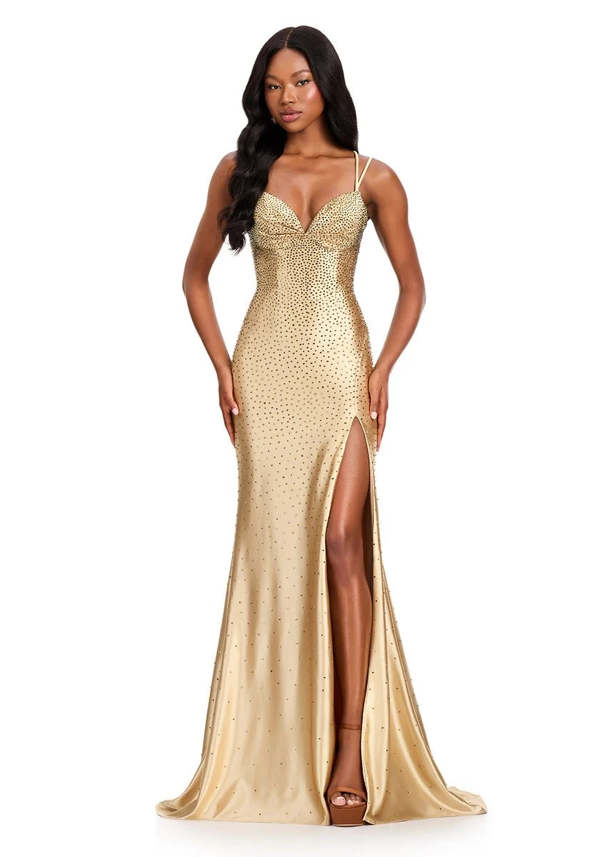 ASHLEYlauren 12412 Gold Prom Dress press on stones on jersey sweetheart neckline slit