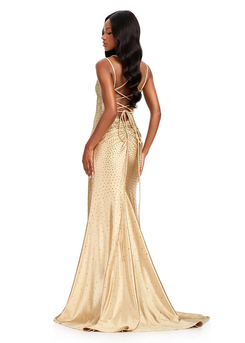 ASHLEYlauren 12412 Gold Prom Dress press on stones on jersey sweetheart neckline slit back
