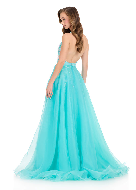ASHLEYlauren 1740 Aqua Organza Pageant Overskirt Wire Hem Layered Train back